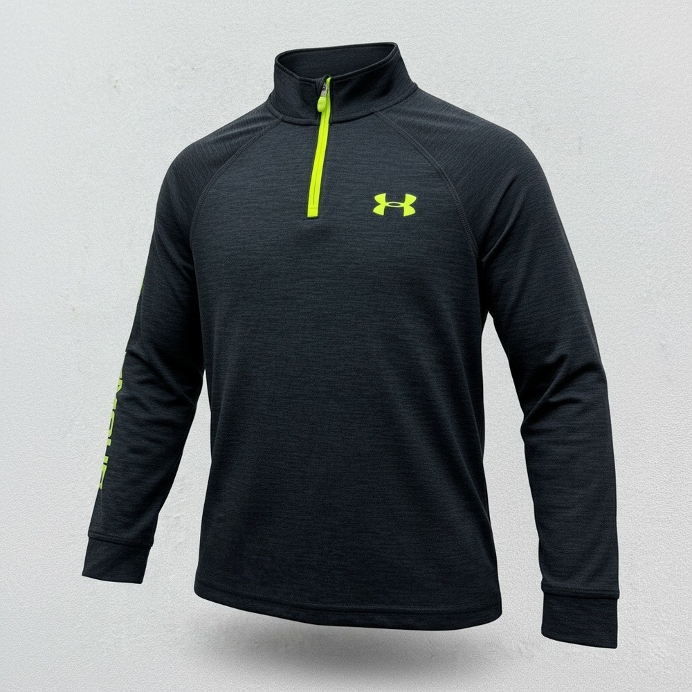 Under Armour Boys‎ YMD Medium HeatGear 1/4 Zip Pullover Shirt Gray Neon Green